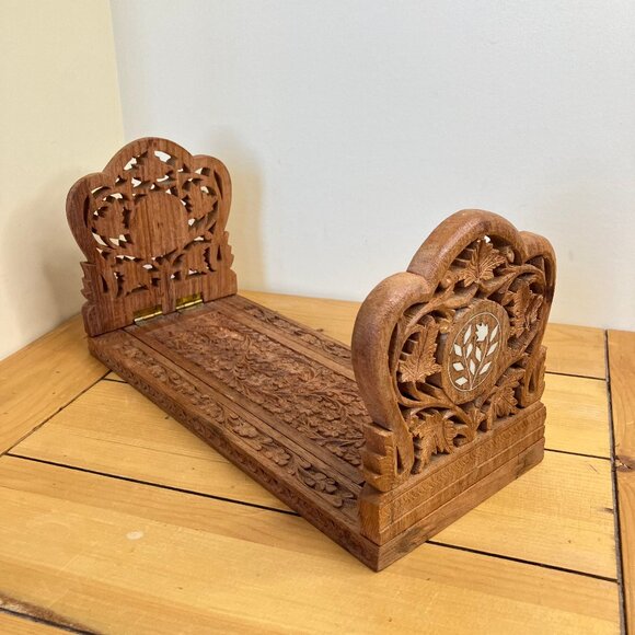 Carved Wood Bookends Adjustable Sliding Book Rack with Inlay Design - Picture 1 of 7